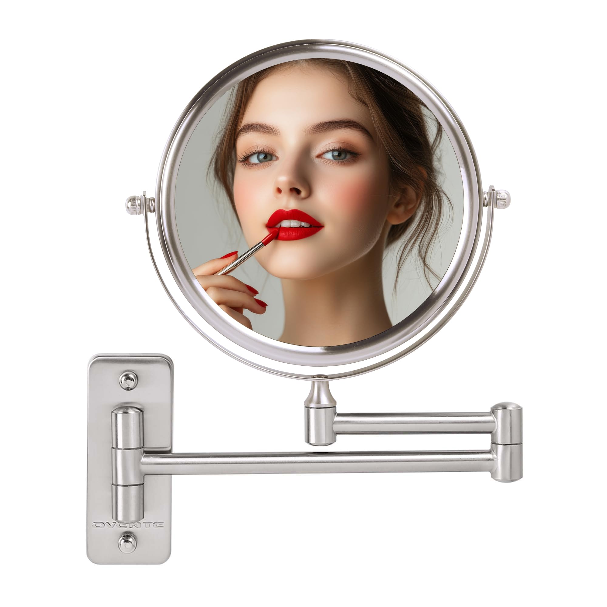 Photo 1 of OVENTE 7" Wall Mounted Makeup Mirror with 1X/10X Magnification, Double Sided Magnifying Round Bathroom Vanity Mirror, 360° Swivel Design, Extendable and Folding Arm, Nickel Brushed MNLFW70BR1X10X
