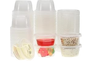 Freshware Plastic Portion Cups with Lids [2 Ounce, 400 Set] Disposable Plastic Cups for Meal Prep, Salad Dressing, Jellos Shot Cups, Souffle Cups, Condiment and Dipping Sauce Cups