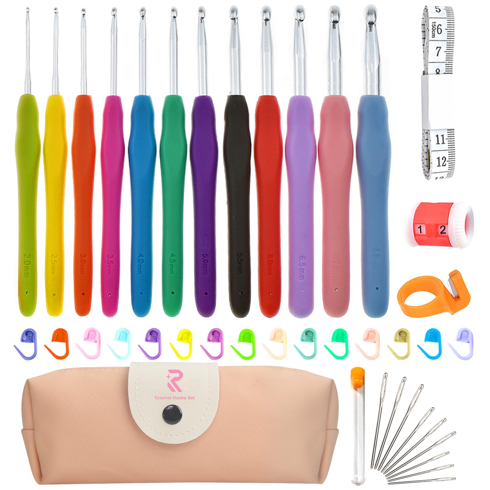 RealPlus Crochet Kits, 12 Pcs Full Size Crochet Hooks Set, Ergonomic Soft Rubber Grip Handles for Arthritic Hands, Crochet Kits for Beginners Adults, Sister Gift, Knitting Tools with Case (Pink) — image 1