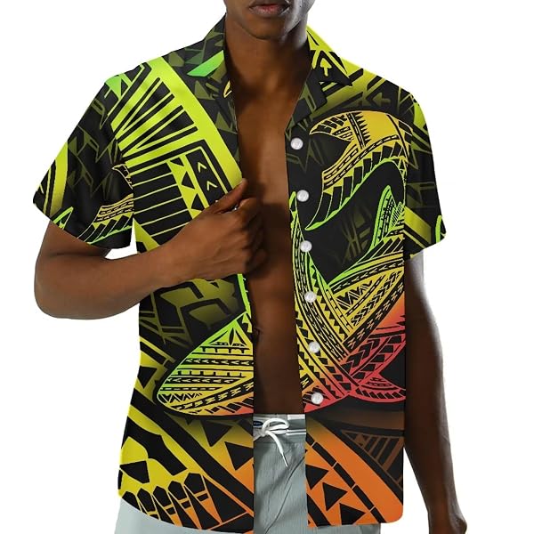 Couple Matching Hawaiian Outfit Set - Polynesian Tribal Print Aloha Shirt & Midi Dress For Beach Vacation & Luau - View #5