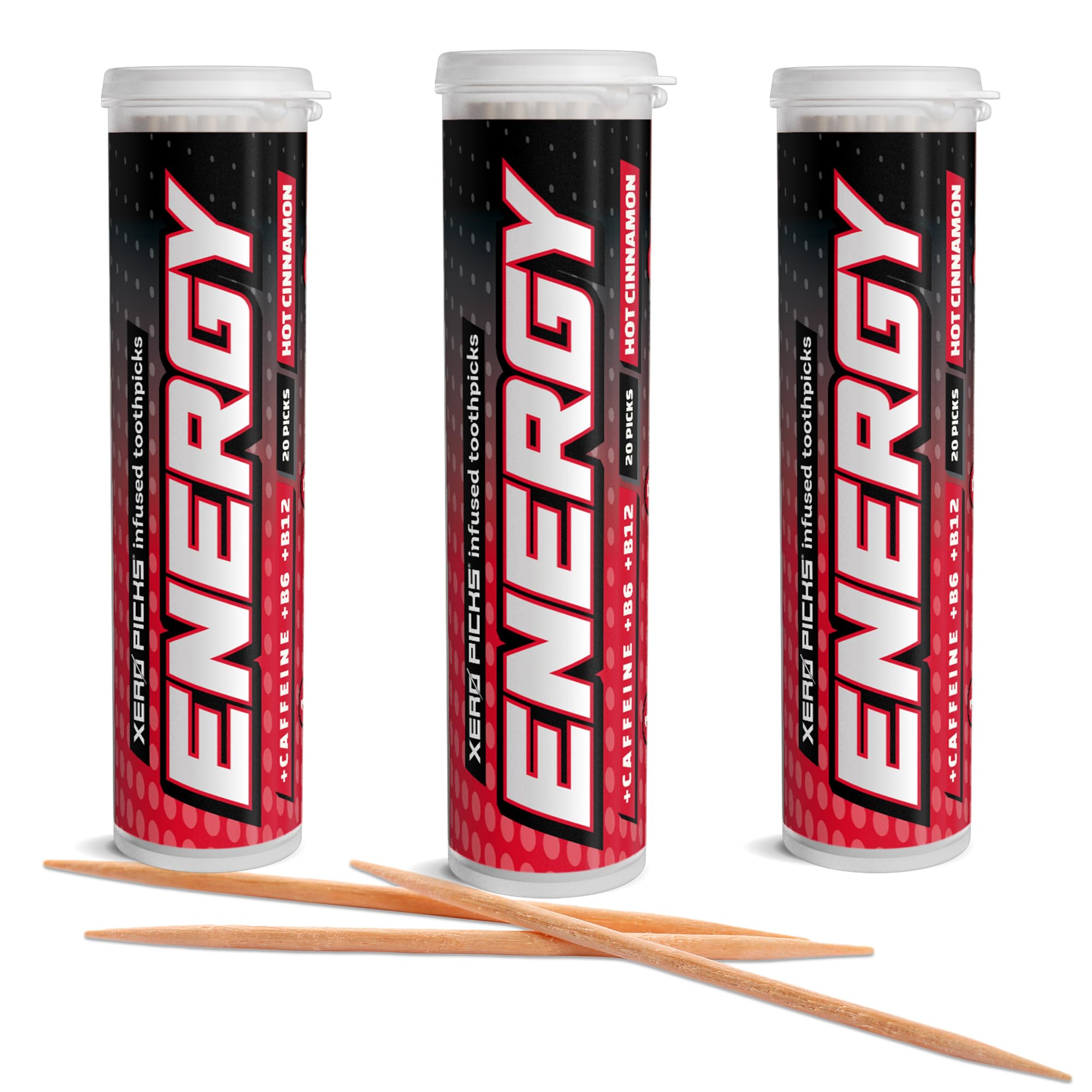 Xero Picks Energy Infused Flavored Toothpicks with Caffeine, B12 and B6 (Hot Cinnamon, 3 Pack)
