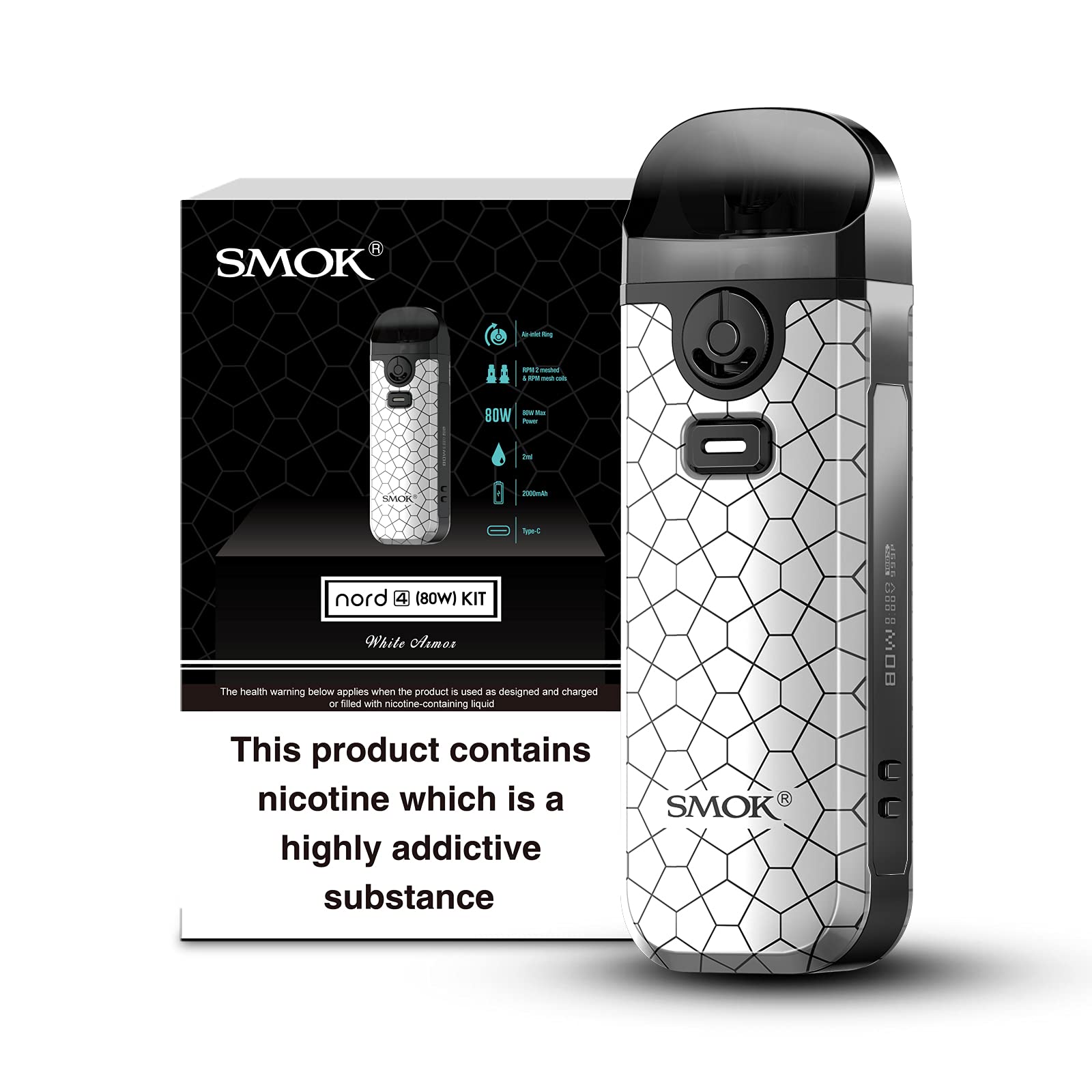 SMOK Nord 4 Vape Kit White Armor 2000mAh Rechargeable Beginner Friendly E Cigarette Mod Compatible RPM and RPM2 Coils 2ml Tank No Nicotine