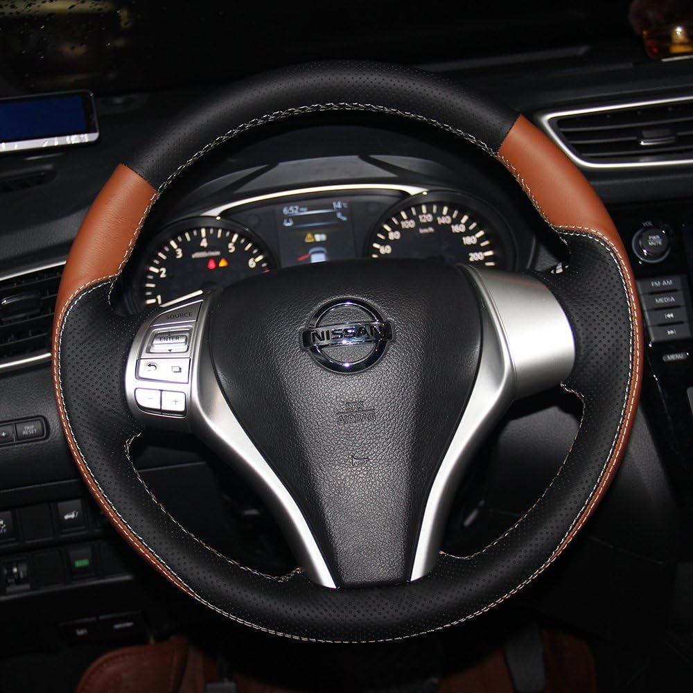 16sixteen Luxury Hand Sewing Anti-slip Breathable Nappa Leather Stitch On Car Steering Wheel Cover for 2013 Nissan Teana, Black & Orange Cover, 9 Color Threads