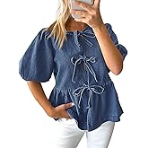 Tankaneo Womens Denim Tie Front Tops Babydoll Peplum Puff Sleeve Jean Shirts Crew Neck Summer Casual Bow Blouses