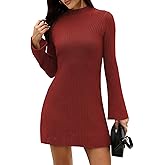 COCCKO Womens Sweater Dress Fall Winter Bell Long Sleeve Mock Neck Ribbed Knit Bodycon Mini Dresses 2025