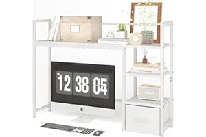 MEXIN Desk Shelf with Drawer, 41.3" Desktop Organizer Shelf, Desk Hutch for Computer Monitor Max 32", 3 Tier Desktop Display Rack, Wooden Desk Top Bookshelf Storage Rack for Home Office Dorm, White