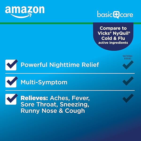 AMAZON BASIC CARE NIGHTTIME COLD & FLU RELIEF, PAIN RELIEVER, FEVER REDUCER, COUGH SUPPRESSANT & ANTIHISTAMINE LIQUID, ORIGINAL FLAVOR, 8 FL OZ (PACK OF 1)