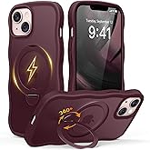 for iPhone 13 Case & iPhone 14 Case for Women,[Compatible with Magsafe][360° Spin Magnetic Stand][Cute Wave Edge][Military-Grade Protection]Translucent Matte Phone case for iPhone 13/14, Burgundy