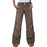 Flamingals Straight Leg Pants for Women Mid Rise Baggy Cargo Solid Dual Button Patch Pocket Casual Pants