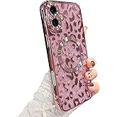 ZONRW for iPhone 16 Plus Case Magnetic,Soft Cute Luxury Leopard Cheetah Pattern Plating Glitter Bling Phone Case Compatible with MagSafe Clear Shockproof Back Cover for Women Girl 6.7"-Pink