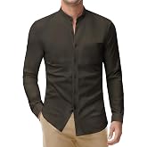 Men's Collarless Dress Shirt Banded Collar Long Sleeve Button Down Shirt | Mandarin Collar, Stretch, Formal, Business, Pocket, Moisture Wicking, Breathable, Regular Fit, Easy Care, Adjustable Cuffs