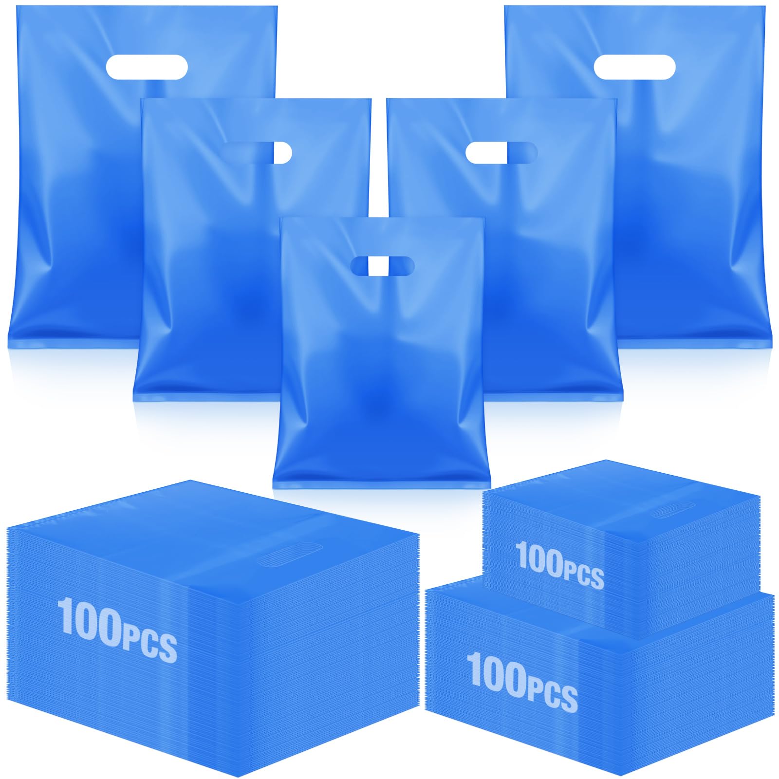 Photo 1 of Qilery 300 Pcs Plastic Bags with Die Cut Handles 9 x 12" 12 x 15" 15 x 18" Merchandise Shopping Bags Bulk Thicken Boutique Handbags for Retail Gifts Small Business Grocery Stores Trade Show(Blue)