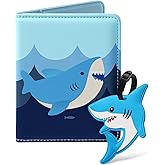 Slohif Kids Passport Holder Lugguage Tag Set Suitcase Cover Wallet Case for Travel Boys Women - Cute Leather Passport Book Personalized Organizer Card Protector Sleeve Essentials Slim Carrier Shark