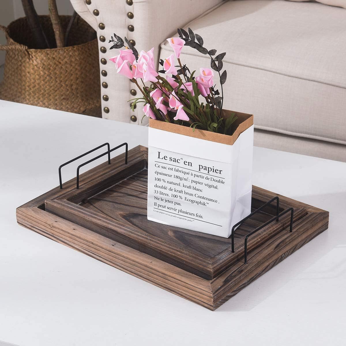  | RHF Serving Trays, Vintage Serving Tray, Rustic Wood Trays, Rectangular Tray Set, Nesting Serving Tray, Butler Lap Trays with Metal Handles, Rustic Ottoman Tray, Brown, Set of 2: Serving Trays