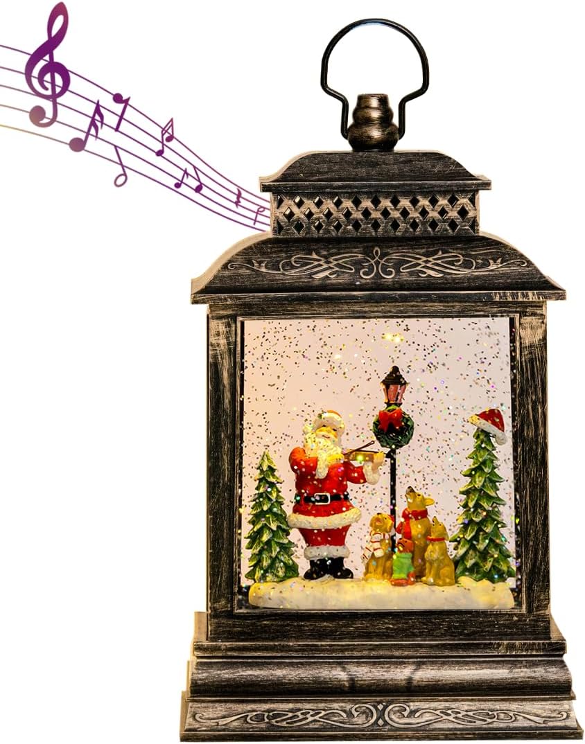 Snow Globes - GOOSH Christmas Snow Globe Lantern with LED Swirling Water Glitter Santa Claus with Dog Xmas Musical Lantern Decoration with Projector Light and 6H Timer for Christmas Home Décor and Gifts