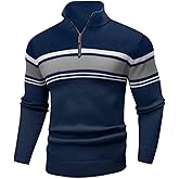 Wizoat Mens Sweater Quarter Zip Sweater Casual Striped Long Sleeve Fall Winter Warm Polo Pullovers