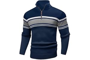 Wizoat Mens Sweater Quarter Zip Sweater Casual Striped Long Sleeve Fall Winter Warm Polo Pullovers