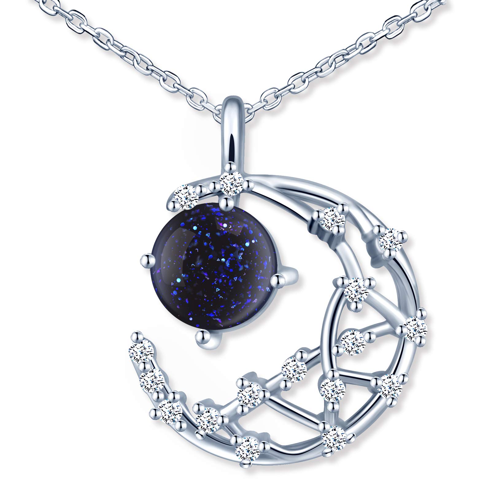 MicLee Women's girl's Necklace pendant, 925 Sterling Silver necklace, beautiful moon necklace, Shiny planet pendant, Inlaid zircon and blue stone, silver