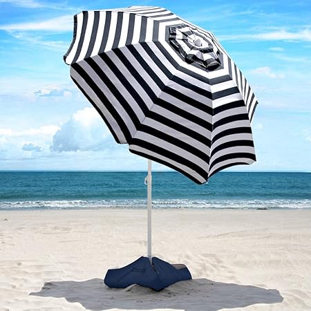 Amazon Com Beach Umbrella 6 5ft Heavy Duty Windproof Tilt Portable Umbrella With Sand Anchor Sand Bags Upf 50 Pu Coating With Carry Bag For Patio And Outdoor Navy Striped