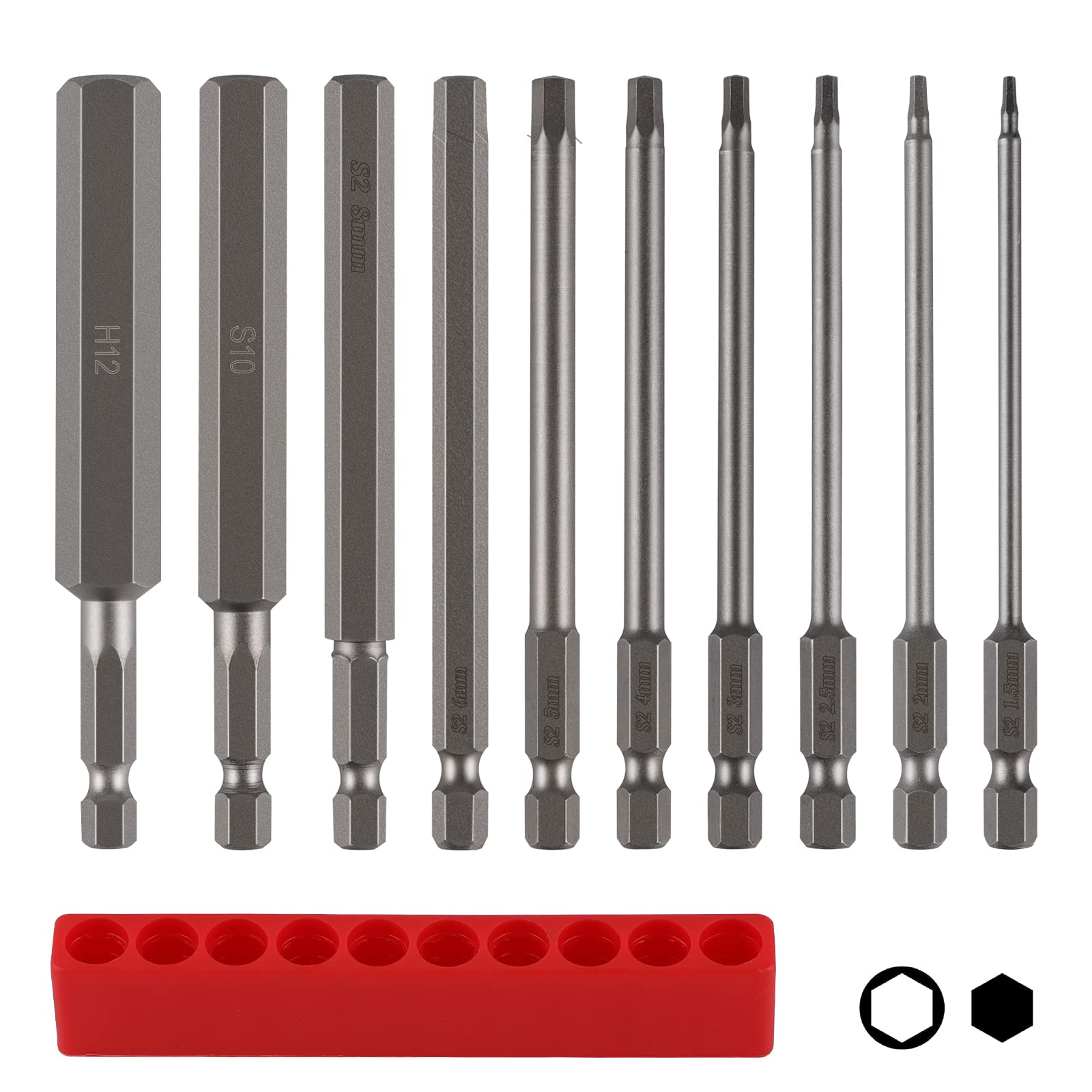 CPROSP Magnetic Screwdriver Bit 1/4 Inch with Bit Storage Allen Bit Long 100 mm S2 Hexagonal Shank H1.5-H12 Metal Colour Pack of 10