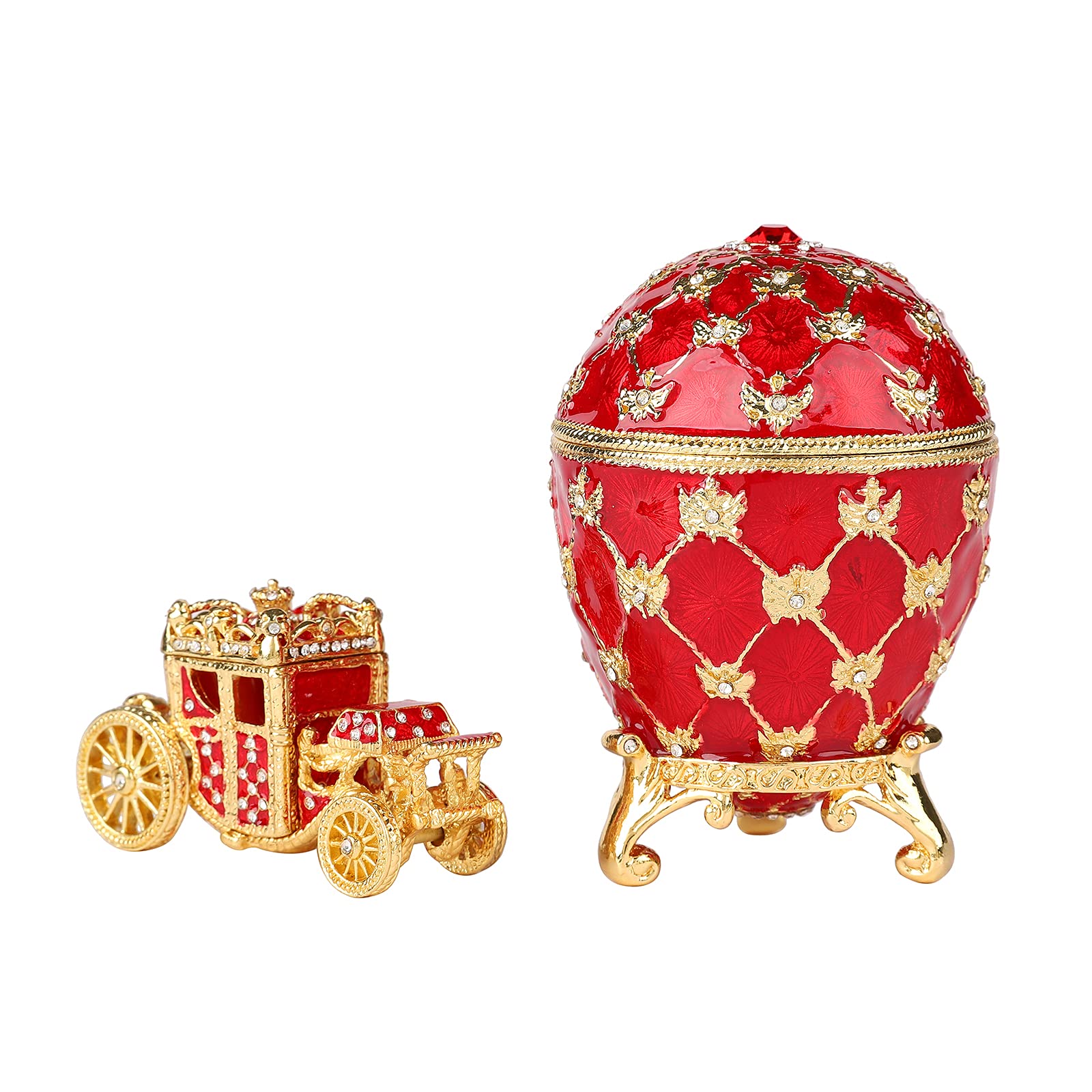 QIFU Vintage Red Easter Egg Style Jewelry Trinket Box with Mini Royal Carriage, Unique Gift for Easter Collection