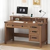 47" Farmhouse Computer Desk with 4 Drawers for Home Office, Bedroom | Executive Desk with Power Outlets, Home Office Desk with Monitor Stand &amp; Drawers, Small Desk Writing Study Table, Brown