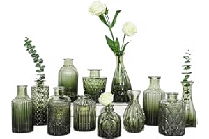 TBWIND 12pcs Green Glass Bud Vases Set, Small Vases for Flowers, Bud Vase for Centerpieces in Bulk, Mini Vintage Vase for Wedding Decorations, Office and Home Table Flower Décor