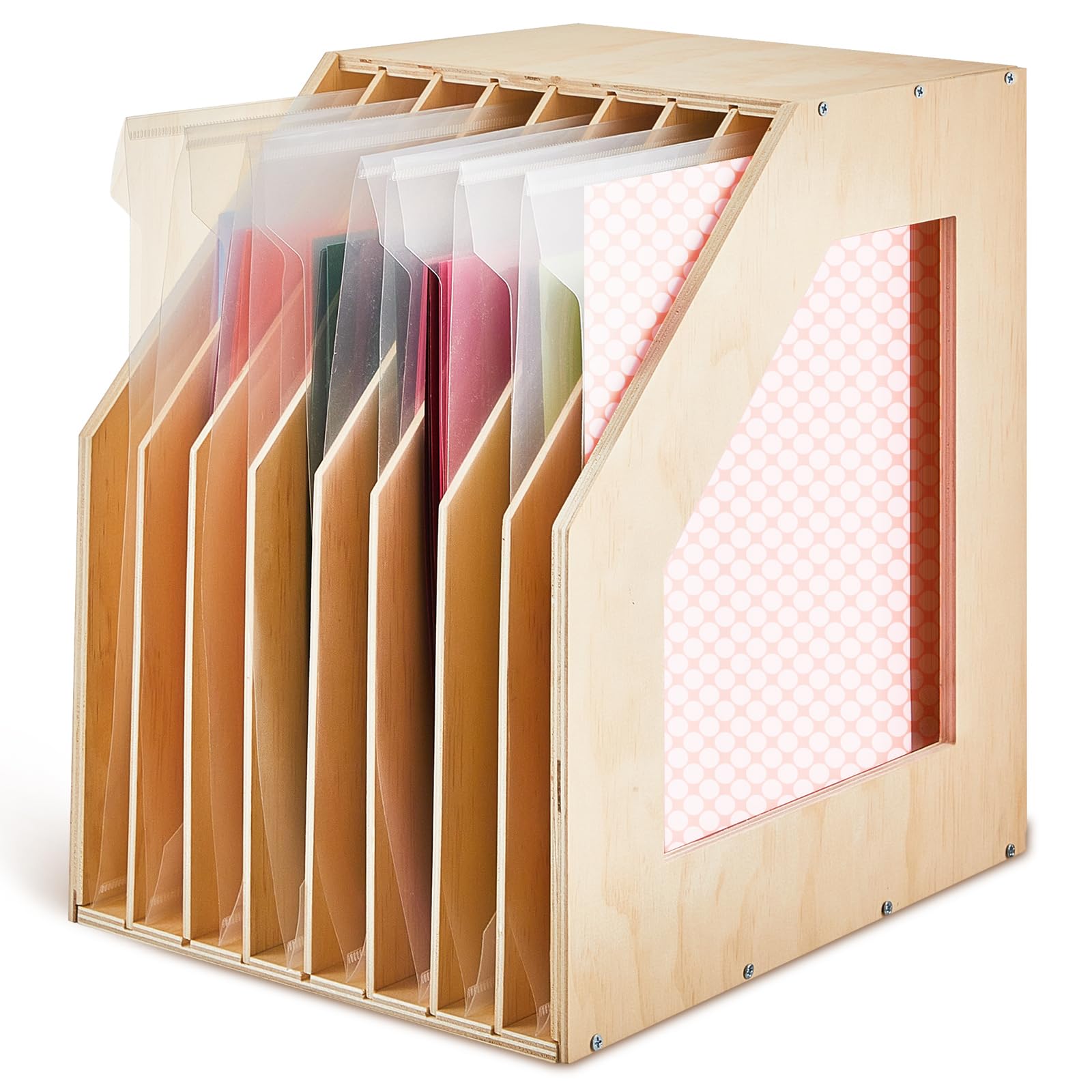 Photo 1 of ReliThick 1 Pcs 12x12 Paper Storage Organizer Wood Slope Design Scrapbook File Sorter Storage Shelf for Holding 8 Slot Heat Transfer Paper Portfolio Filing Crate Album Glass Holder for Office School