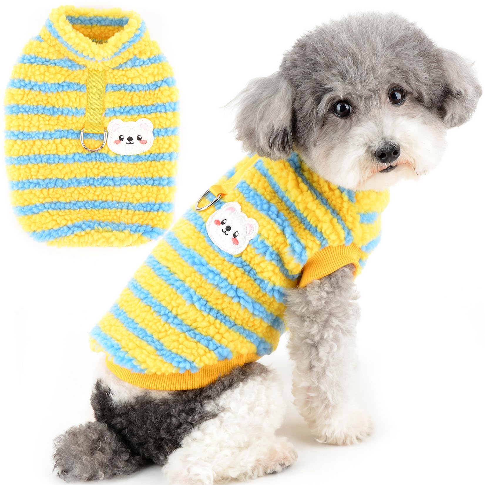 Zunea Fuzzy Sherpa Fleece Dog Jumper for Small Dogs Cat Striped Winter Sweater Coat with D-Ring Soft Warm Pullover Jacket Coat Puppy Vest Clothes Cold Weather Pet Chihuahua Yorkie Apparel Yellow XXL