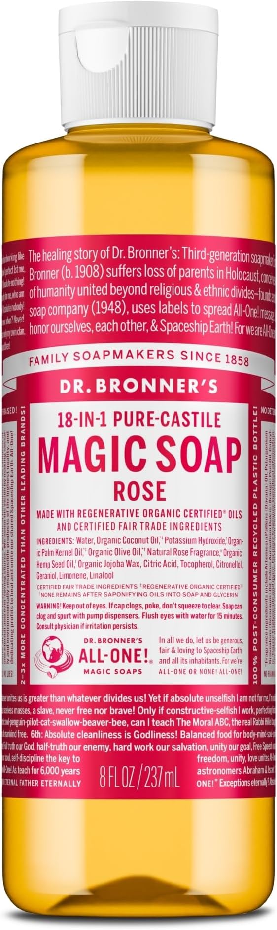 Dr. Bronner's Rose Pure Castile Liquid Soap 237ml Organic Oils