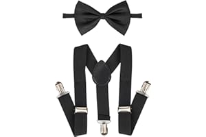CaySep Child Kids Adjustable Suspenders and Bow Tie Set - Black Elastic Y-Back Suspenders Ages 2-10 Years