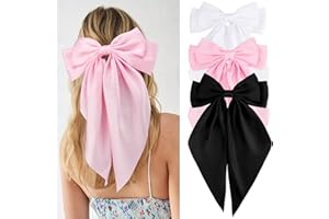 Velscrun Hair Bows for Women Girls 3Pcs White Pink Black Silky Satin Large Bows Hair Clip Oversized Hair Ribbons Long Tail Big Hair Bows Accessories
