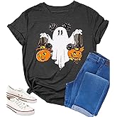 Halloween Shirts for Women Pumpkin Shirt Spooky Ghost Tshirts Fall Halloween Spooky Season Cute Short Sleeve Tee Tops