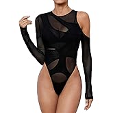 Verdusa Women's Long Sleeve Asymmetrical Neck Cut Out Mesh Bodysuit Without Lingerie