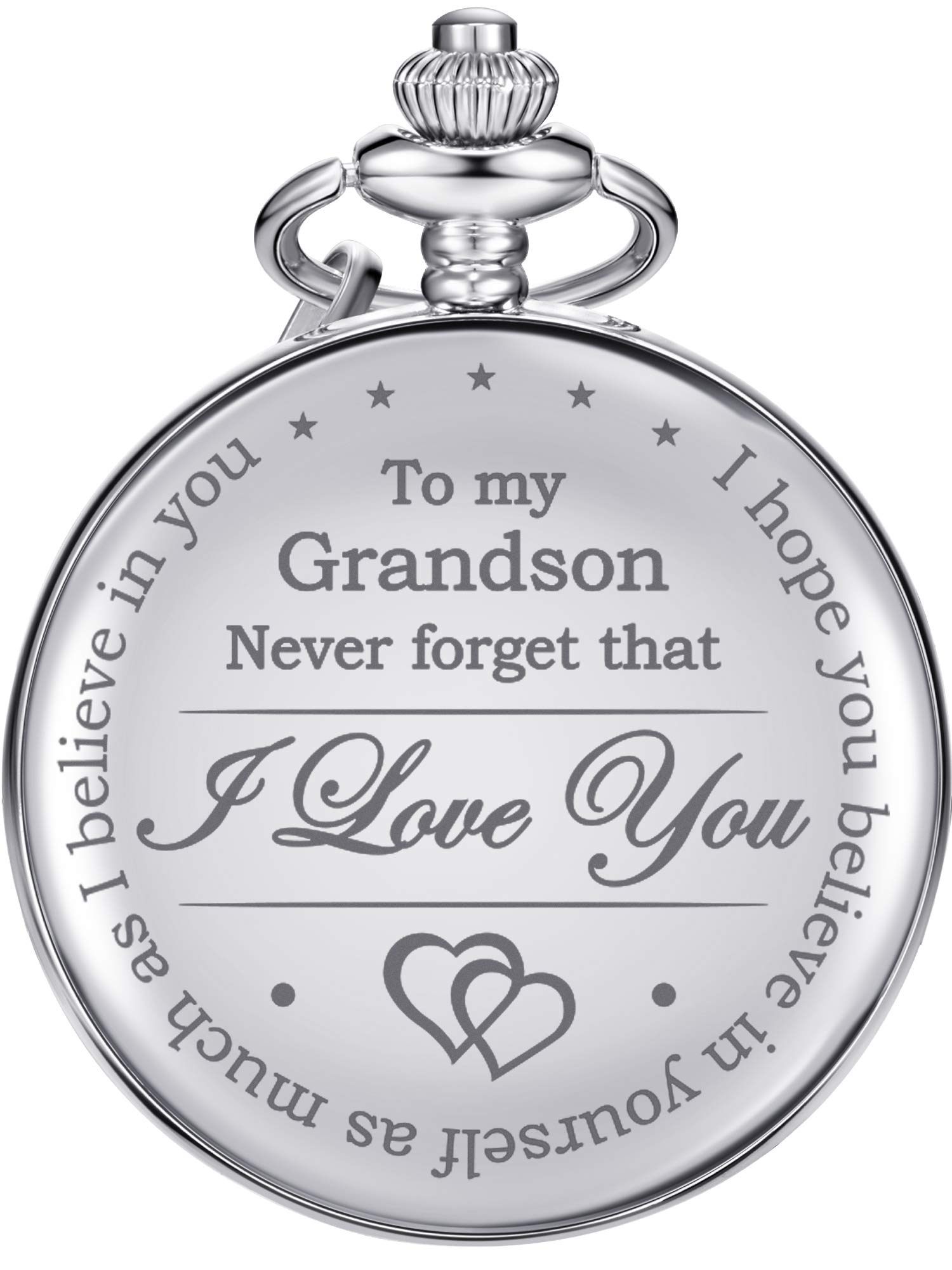 Memory Gift to My Grandson Pocket Watch, I Love You to Grandson Gift from Grandpa Grandma, Silver, Modern
