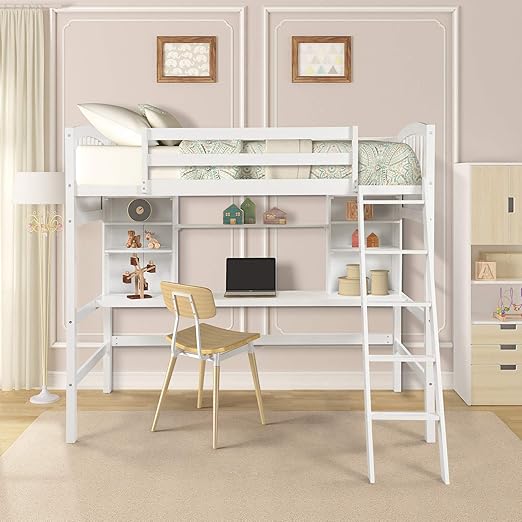 white loft bed with desk and storage