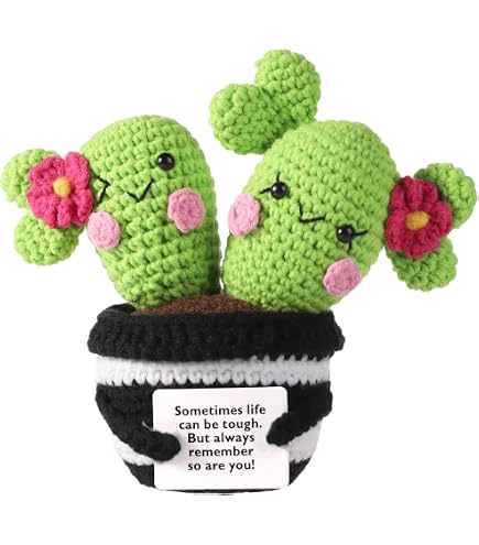 Handmade Crochet Positive Cactus Doll – Mini Emotional Support Plant With Encouraging Message, Wool Yarn, 11x6cm Desk Decor