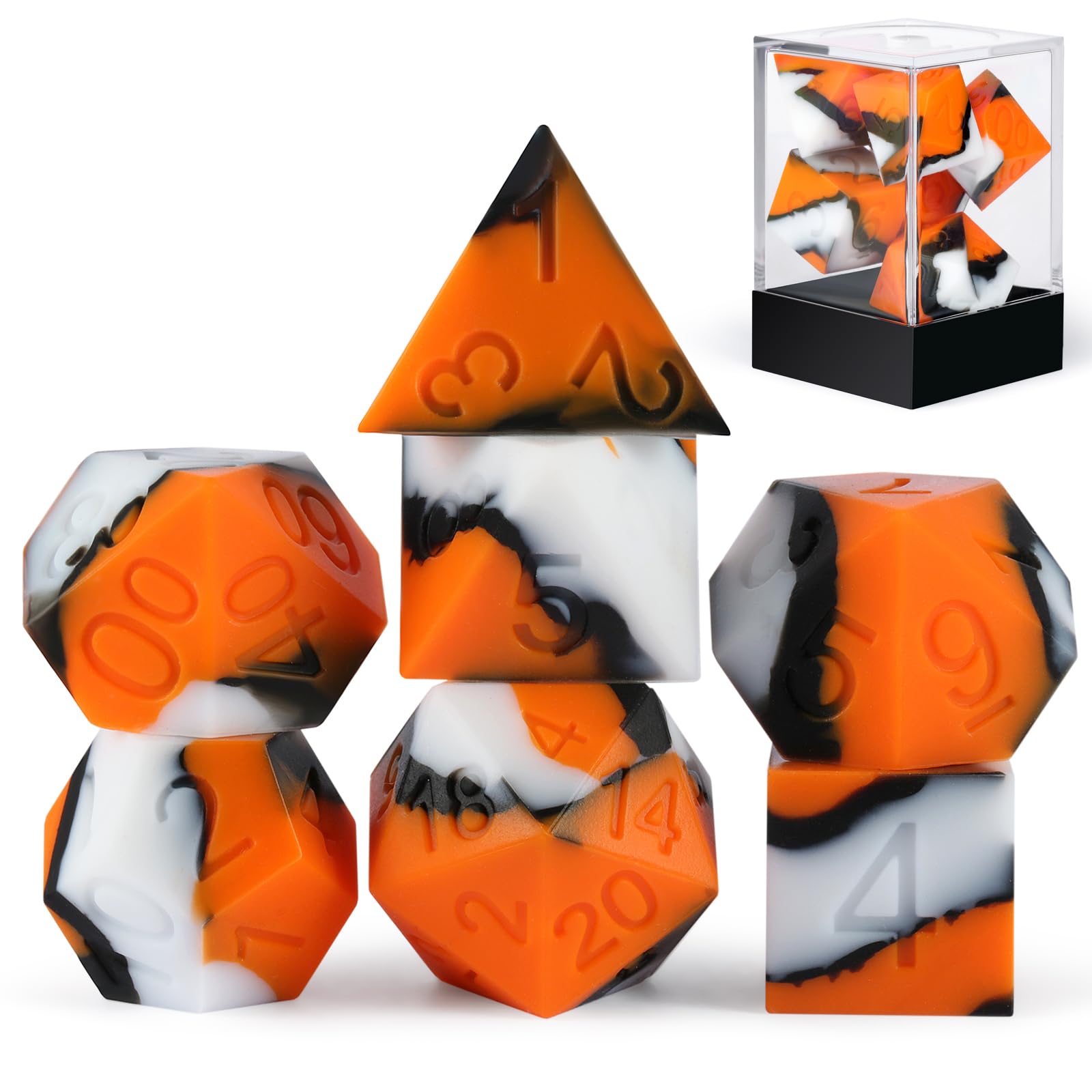 DND Dice Silicone, DNDND 7PCS Silicone D&D Dice Set with Clear Plastic Display Case for Dungeons and Dragons Role Playing Games and Tabletop Games（Orange Black White