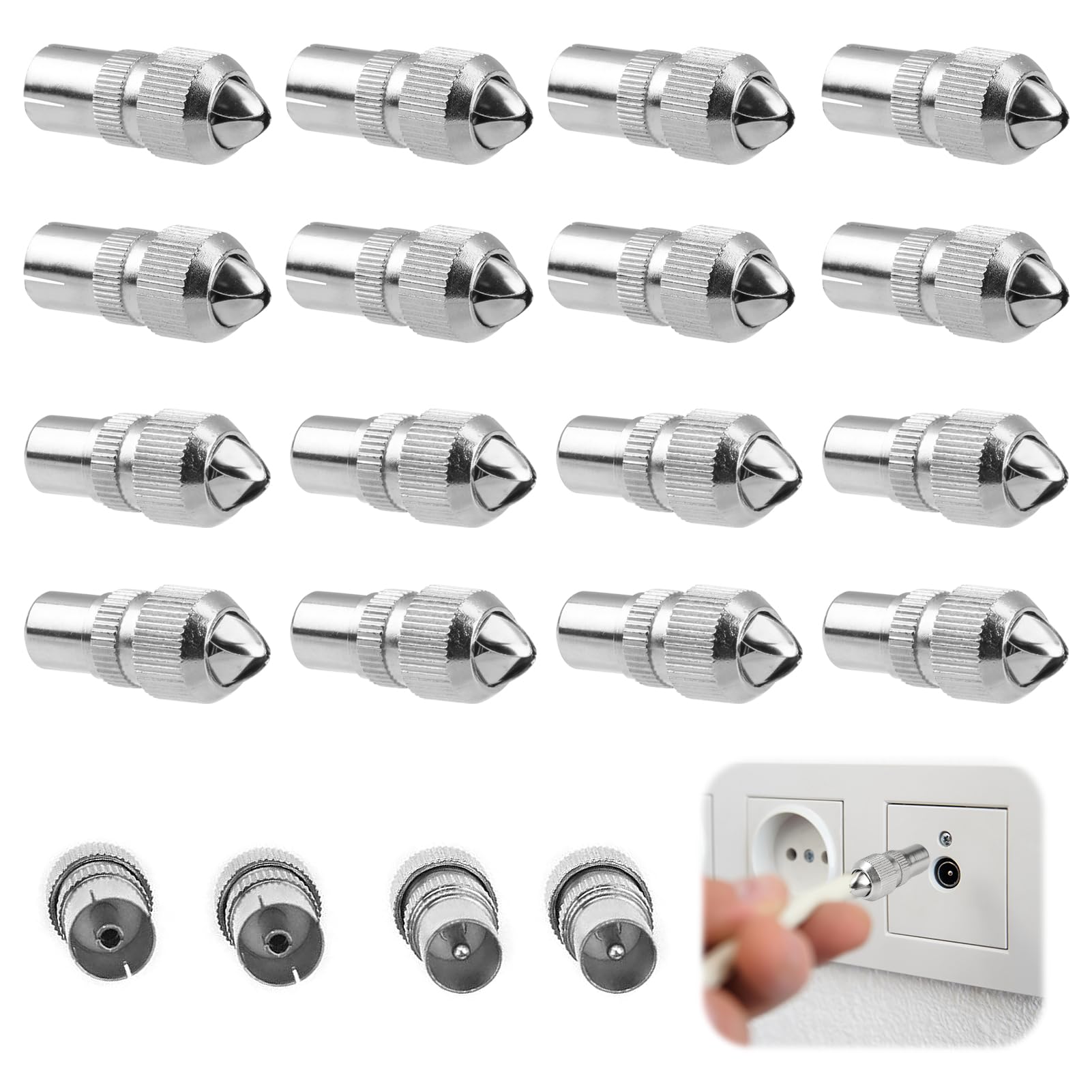 20PCS Aerial Connectors - 10 Female 10 Male TV Coaxial Cable Adaptor - Metal Plugs for RF Freeview Television
