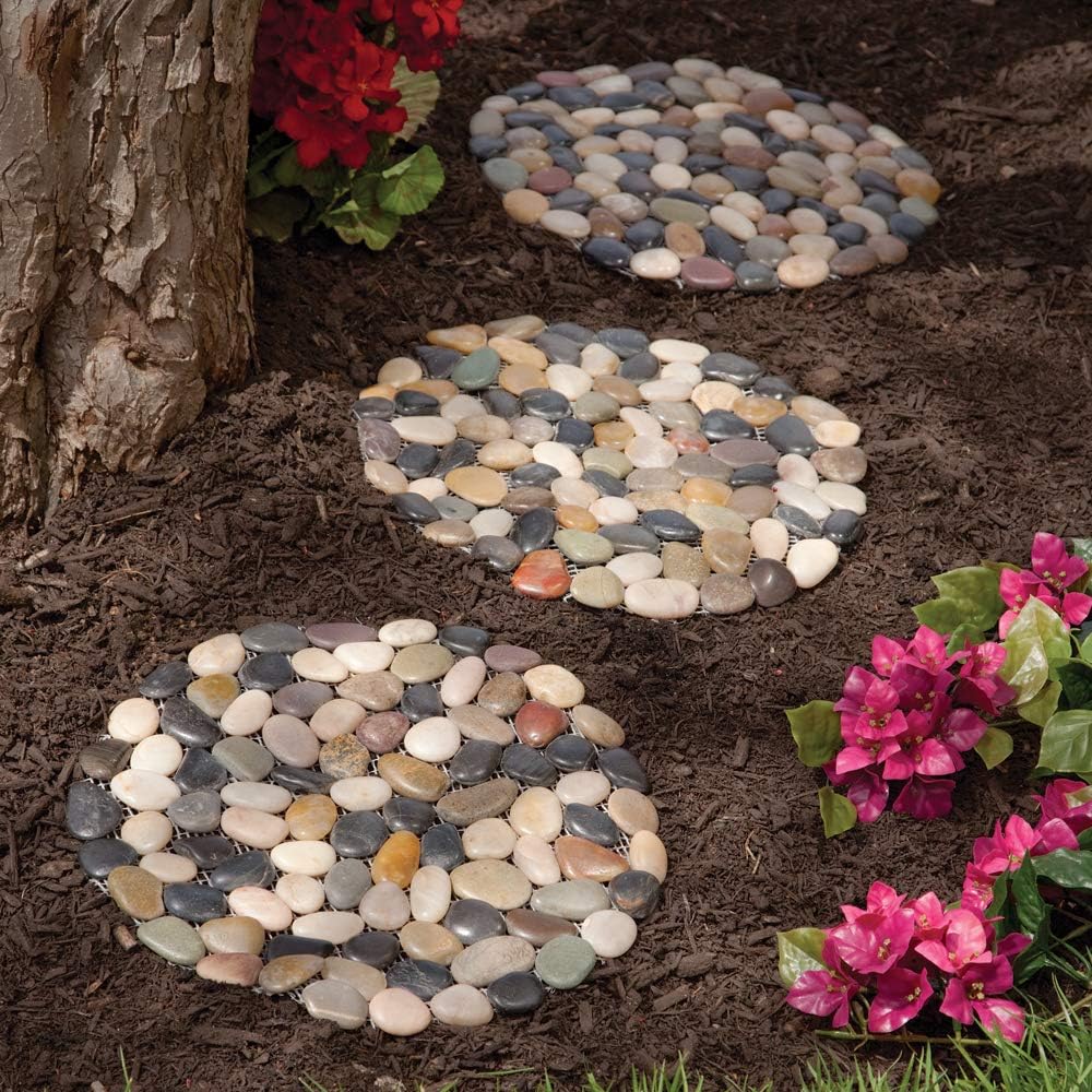 Hardscaping Materials - Bits and Pieces - 12” Riverstone Round Stepping Stones - Set of Three (3) - Yard Decorations - Decorative Garden Stones