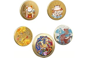 JINCHENGNAN 5 Pcs Chinese Lucky Coin Dragon and Phoenix Koi Fish and Lucky Recruiting Wealth Cat Commemorative Coins Novel Challenge Coins Metal Gift Collection Coins.