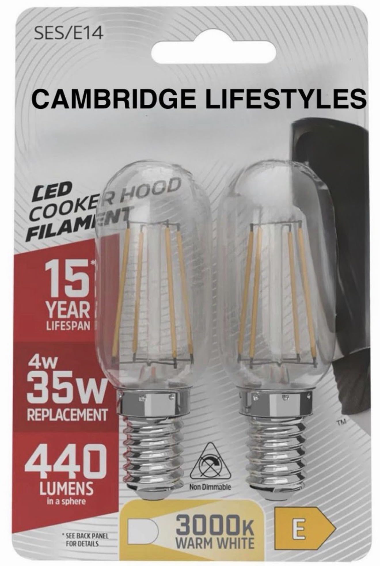 Pack of 2 4W LED Cooker Hood Light Bulbs E14 Warm White 3000K 400 Lumen 40W Eve Ready Replacement T26 Tubular Filament Bulb SES