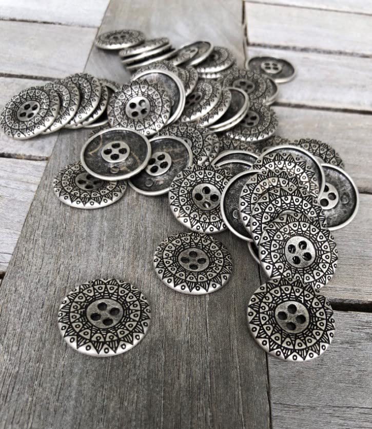 Silver Antique Flat Metal Buttons 4 Holes 15 mm, 18 mm or 25 mm (Pack of 10) (15 mm)