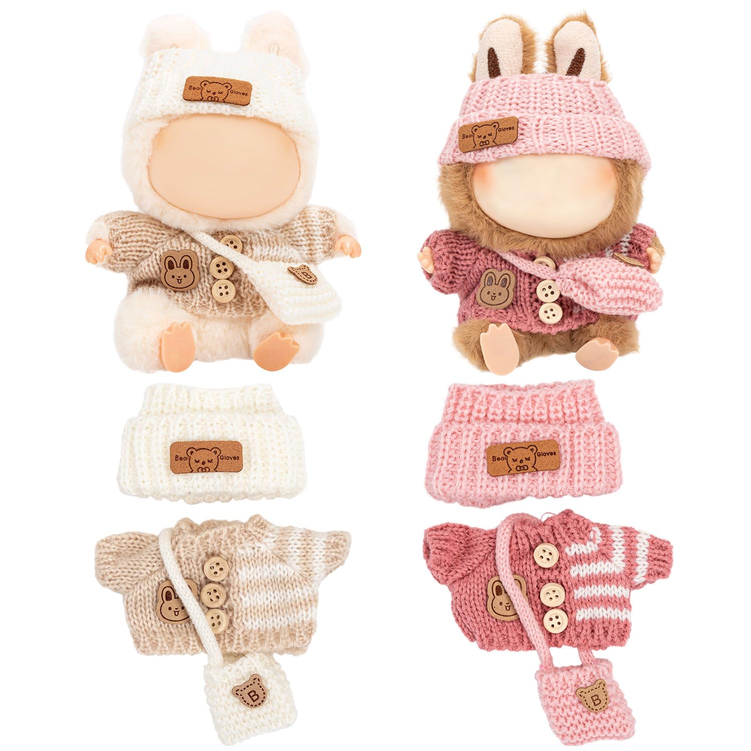 Doll Clothes for 17cm Plush Dolls, 2 Sets of Lu-bubu Doll Knitted Outfit Dress Up Clothing Set Doll Accessories, Not Include Dolls (White and Pink)