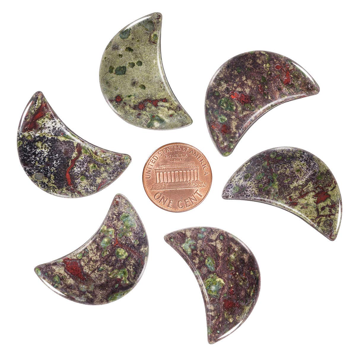 mookaitedecor Set of 5 Dragon Blood Stone Moon Healing Crystal Pendants for Jewellery Making, Semi Precious Moon Shaped Palm Worry Stones for Anxiety Stress Relief Tumbled Pocket Stone Desk Decor