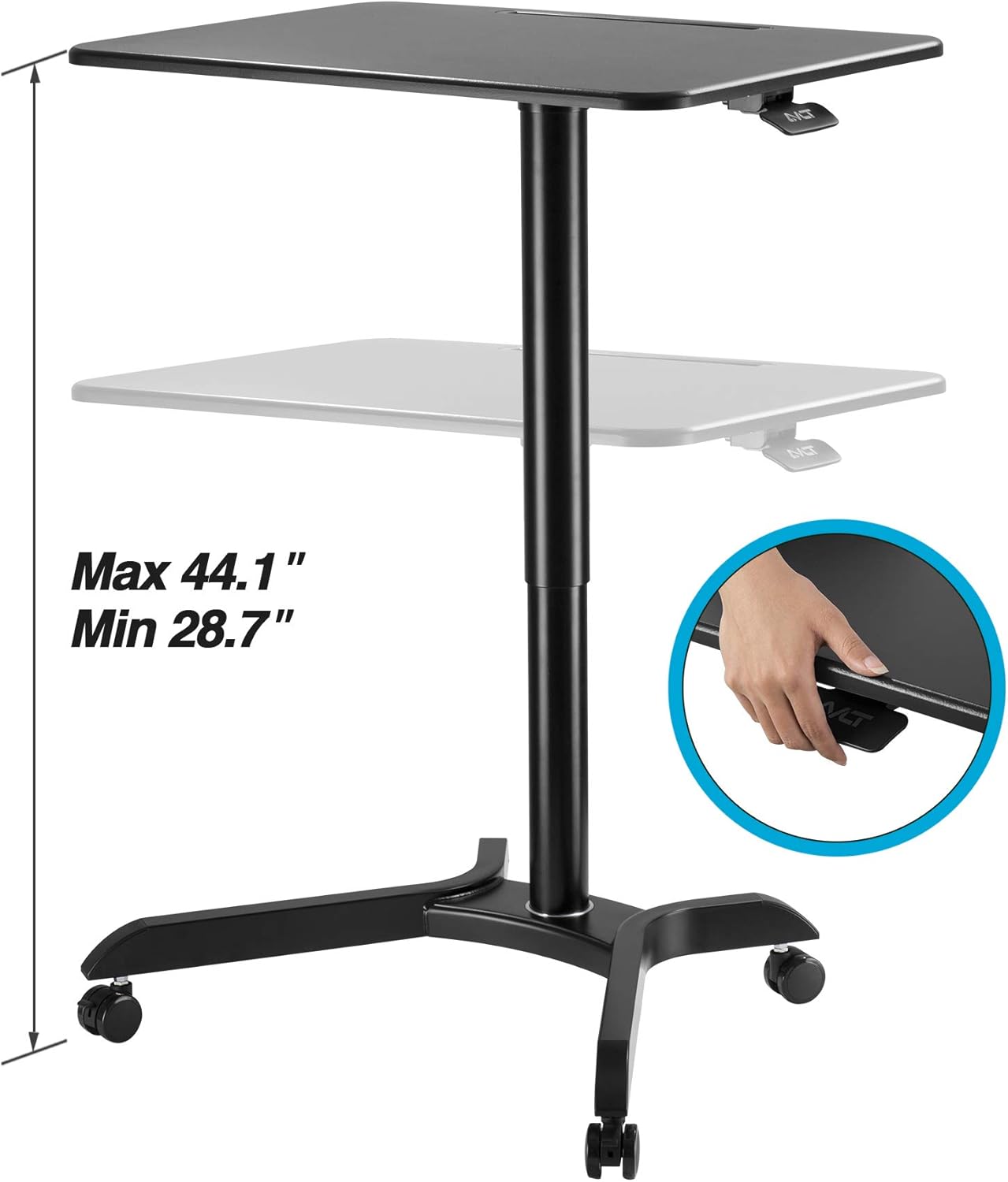 AVLT 44" Pneumatic Laptop Standing Desk Cart (3 ft 8 in) - Mobile Rolling Desk - Computer Cart - Rolling Height Adjustable Folding Desk - Mobile Black Cart with Brake Casters: Office Products