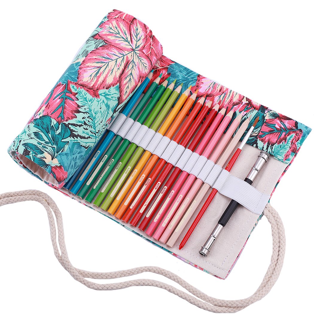Amoyie Roll Up Pencil Case for 72 Coloured Pencils, Colouring Pens Organiser Bag, Canvas Artist Wrap, Blue Leaf