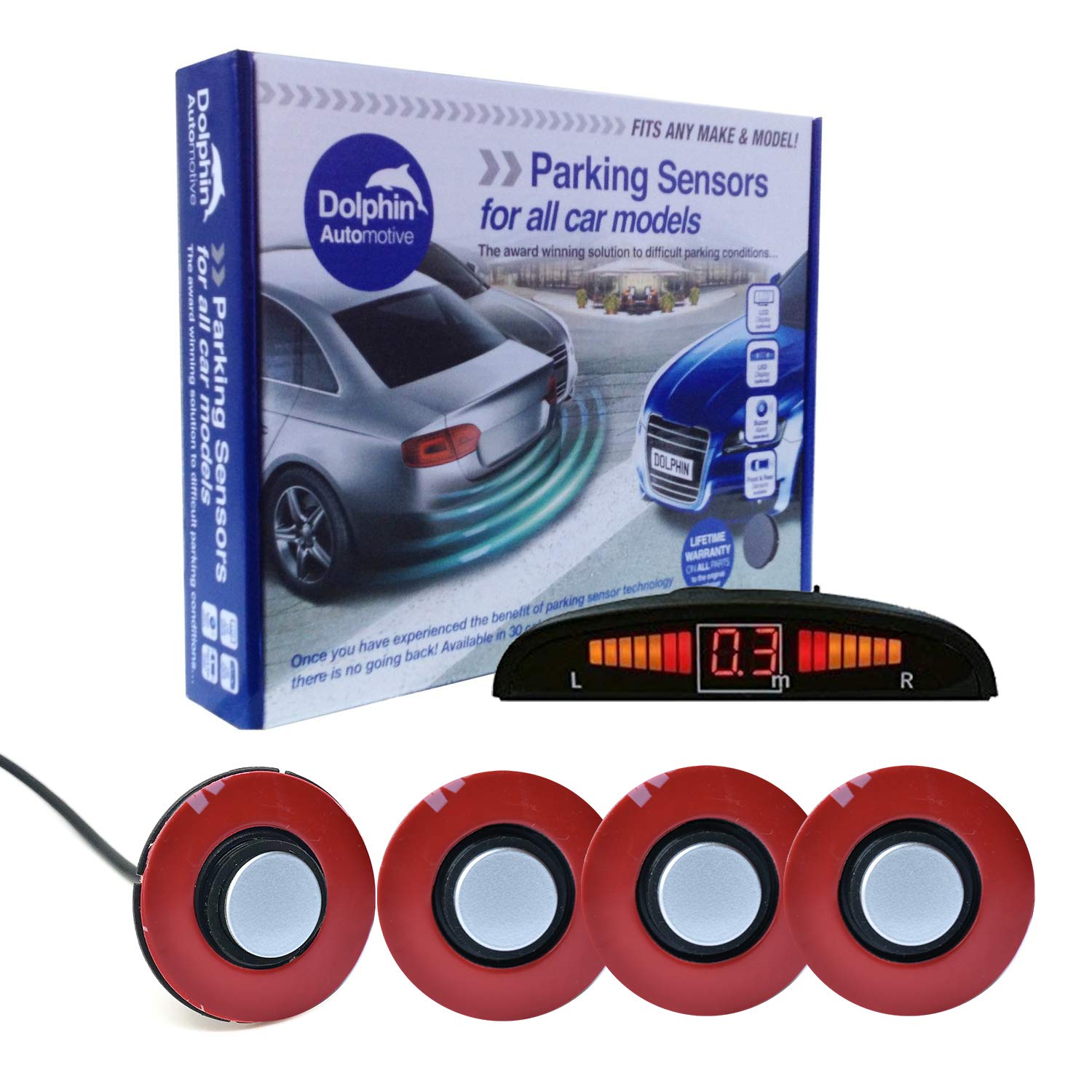 Dolphin Automotive DFM450 Reverse Parking Sensors Flush Mount OEM Style 4 Ultrasonic Radar Sensor Kit Dash Display and Audio Alert System - Silver