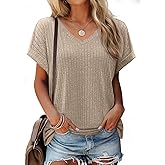 JUSTFASHIONNOW Summer Tops for Women 2026 V Neck Short Sleeve Shirts Dressy Casual Blouses Trendy Side Split Basic Tees
