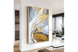 MINGDIAN ART Framed Gold Oil Painting for Living Room,Hand Painted Abstract Canvas Wall Art for Bedroom,3D Modern Art Canvas Pictures Office Kitchen Home Décor 30x44 inches